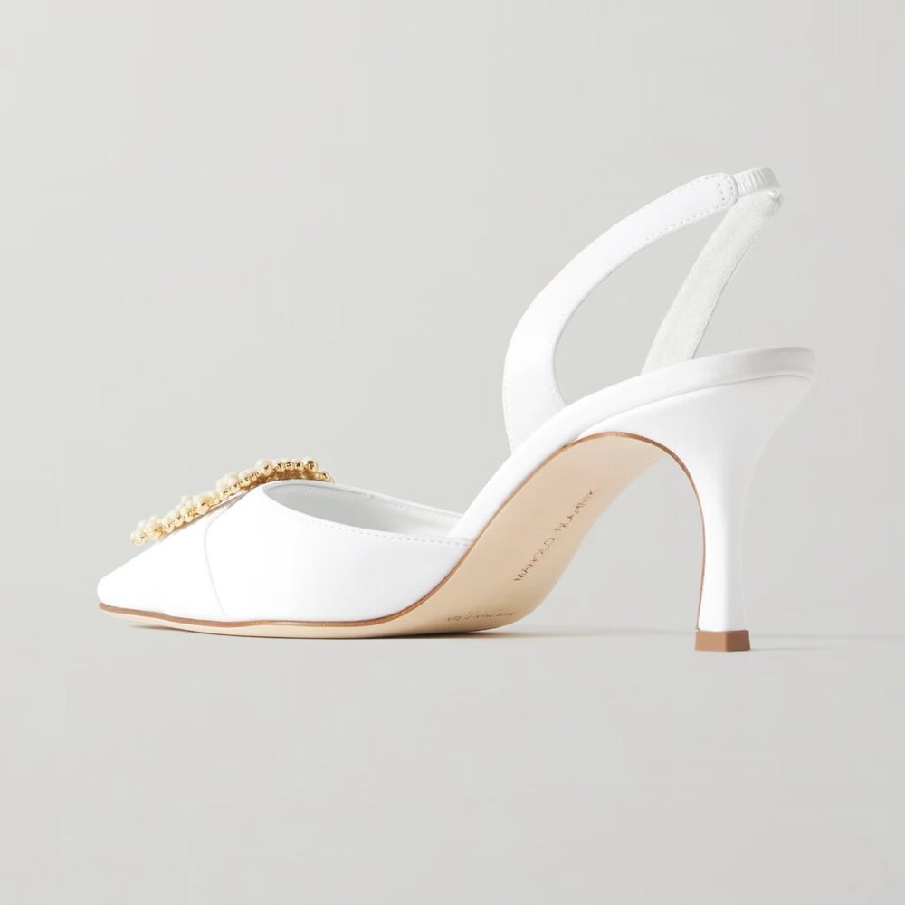 Manolo Blahnik White Pearl-Embellished Slingback Heels - Picture 4 of 15